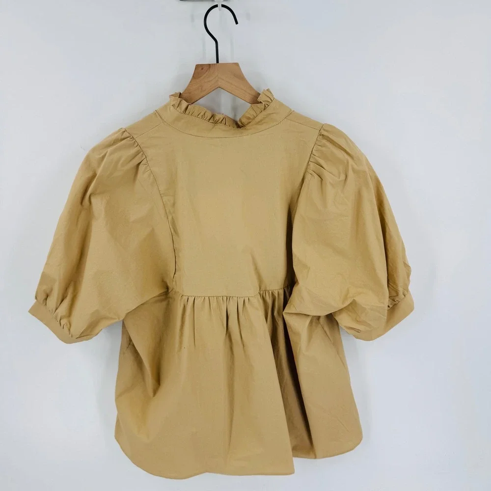 Cicy Bell Tan Babydoll Peasant Top NWT Size S Ruffle Puff Sleeve Neutral Capsule - Picture 2 of 10
